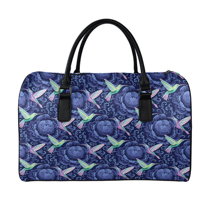 Dark Blue Floral Hummingbird Print Leather Duffle Bag