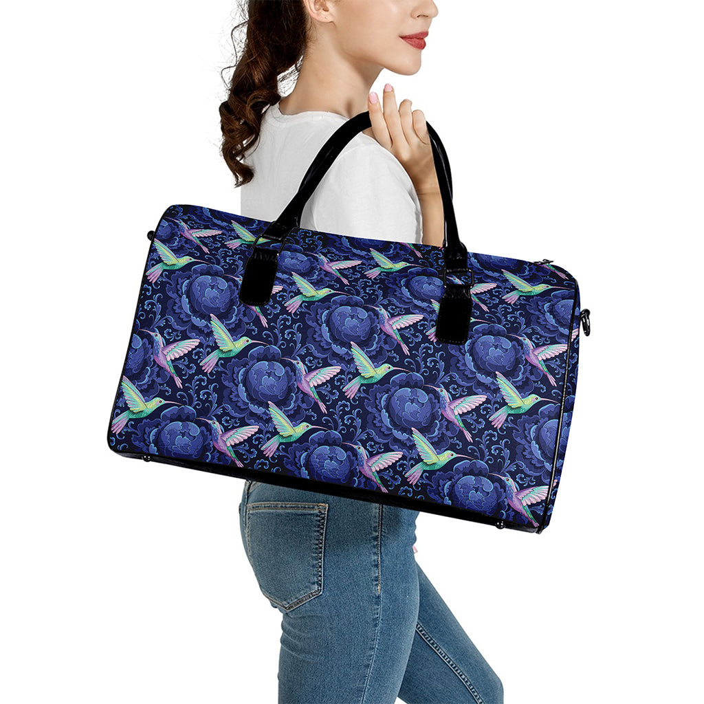Dark Blue Floral Hummingbird Print Leather Duffle Bag