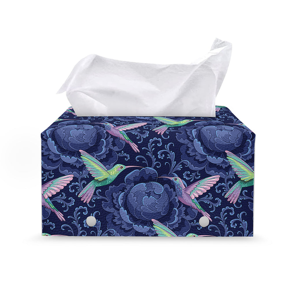 Dark Blue Floral Hummingbird Print Leather Tissue Box Cover