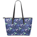 Dark Blue Floral Hummingbird Print Leather Tote Bag With Zipper
