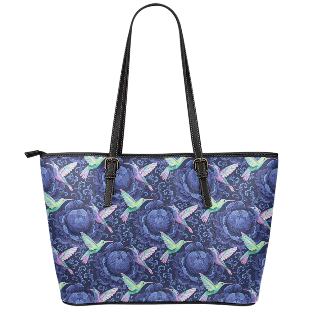 Dark Blue Floral Hummingbird Print Leather Tote Bag