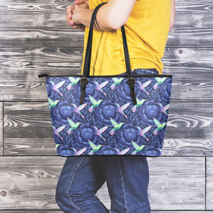 Dark Blue Floral Hummingbird Print Leather Tote Bag