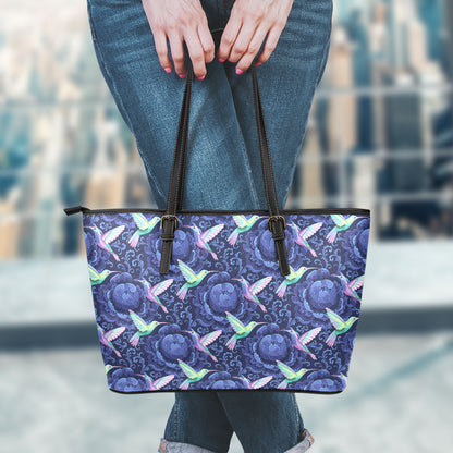 Dark Blue Floral Hummingbird Print Leather Tote Bag