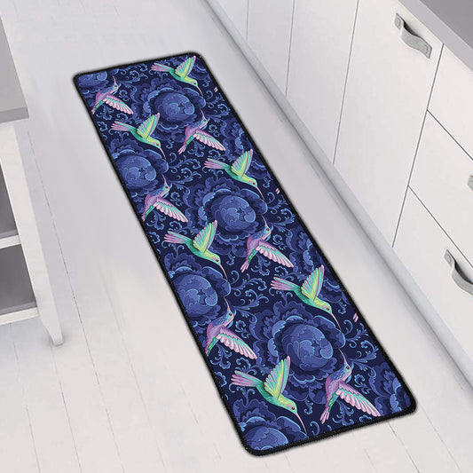 Dark Blue Floral Hummingbird Print Long Kitchen Mat