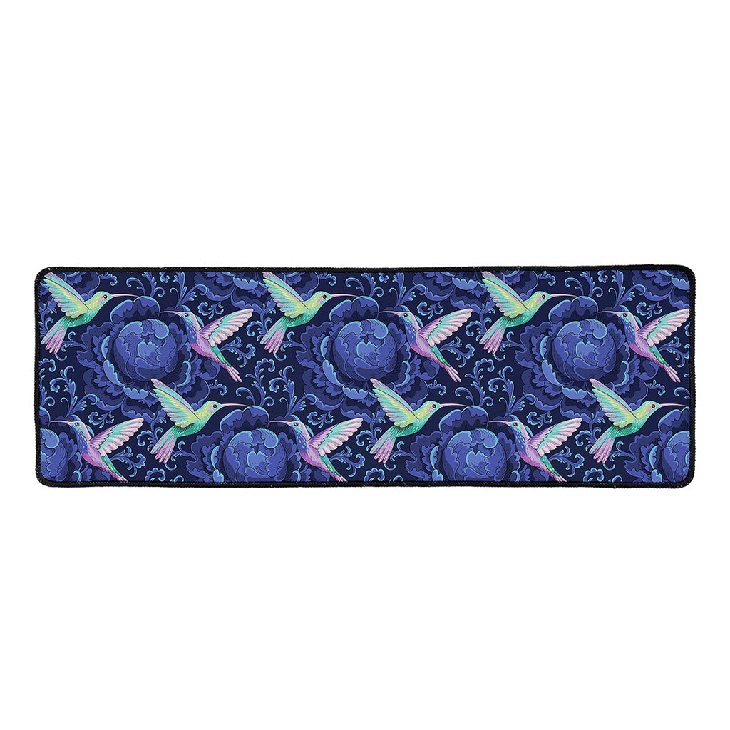 Dark Blue Floral Hummingbird Print Long Kitchen Mat