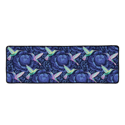 Dark Blue Floral Hummingbird Print Long Kitchen Mat