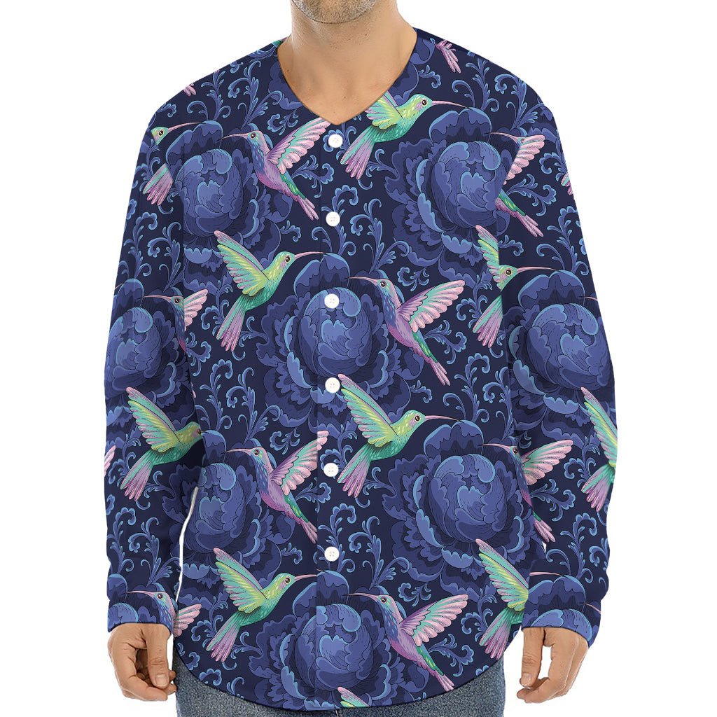 Dark Blue Floral Hummingbird Print Long Sleeve Baseball Jersey