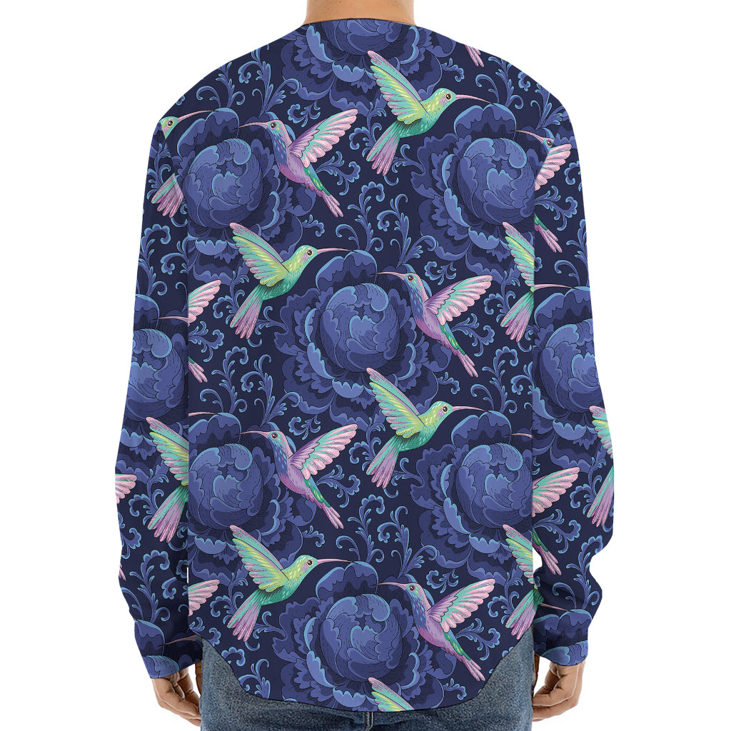 Dark Blue Floral Hummingbird Print Long Sleeve Baseball Jersey