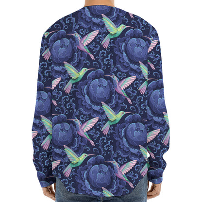 Dark Blue Floral Hummingbird Print Long Sleeve Baseball Jersey