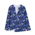 Dark Blue Floral Hummingbird Print Long Sleeve Short Coat