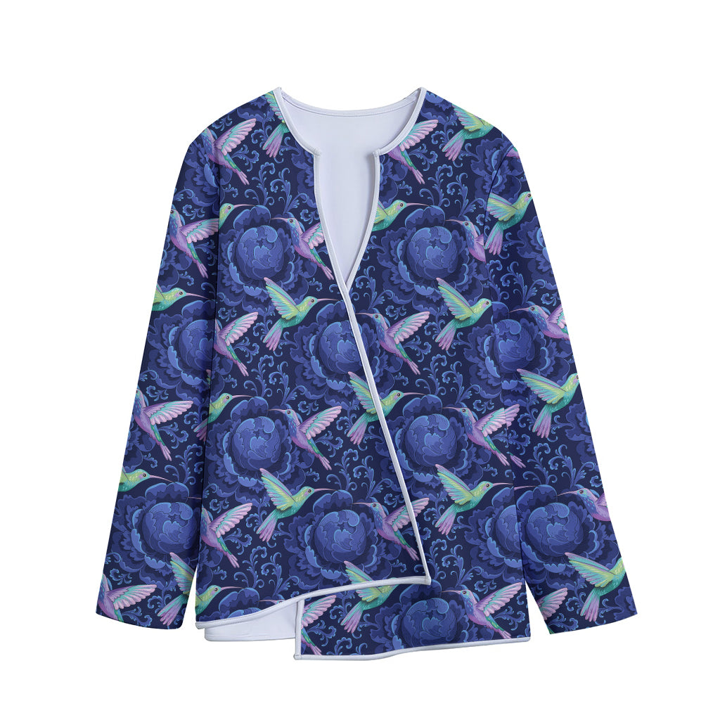 Dark Blue Floral Hummingbird Print Long Sleeve Short Coat