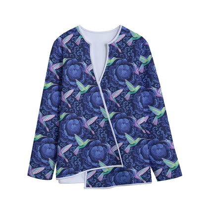 Dark Blue Floral Hummingbird Print Long Sleeve Short Coat