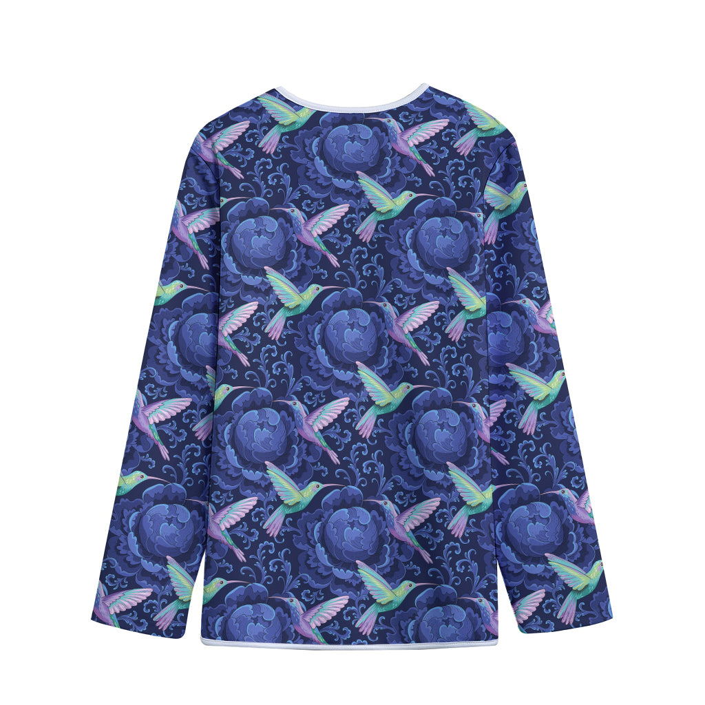 Dark Blue Floral Hummingbird Print Long Sleeve Short Coat