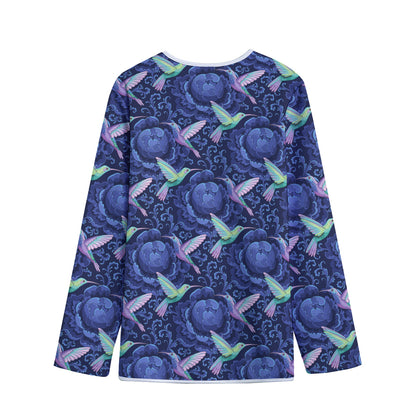 Dark Blue Floral Hummingbird Print Long Sleeve Short Coat