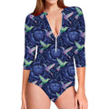 Dark Blue Floral Hummingbird Print Long Sleeve Swimsuit