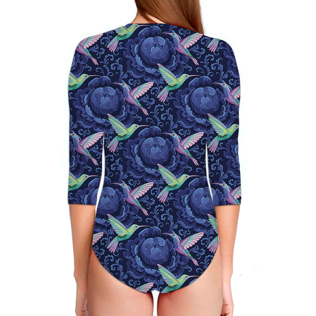Dark Blue Floral Hummingbird Print Long Sleeve Swimsuit