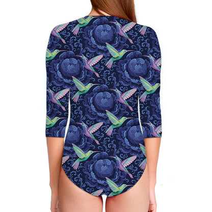 Dark Blue Floral Hummingbird Print Long Sleeve Swimsuit
