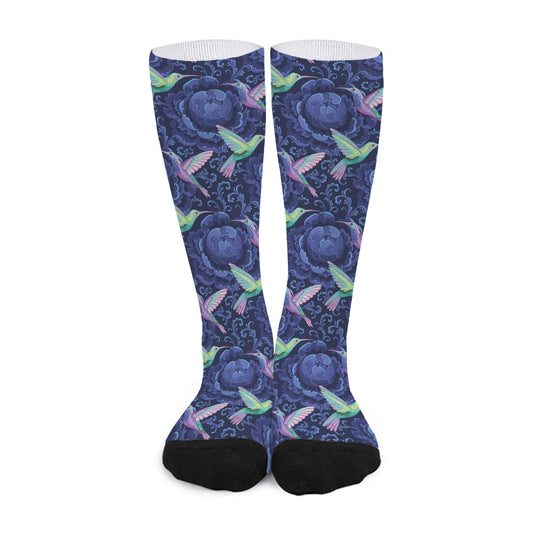 Dark Blue Floral Hummingbird Print Long Socks
