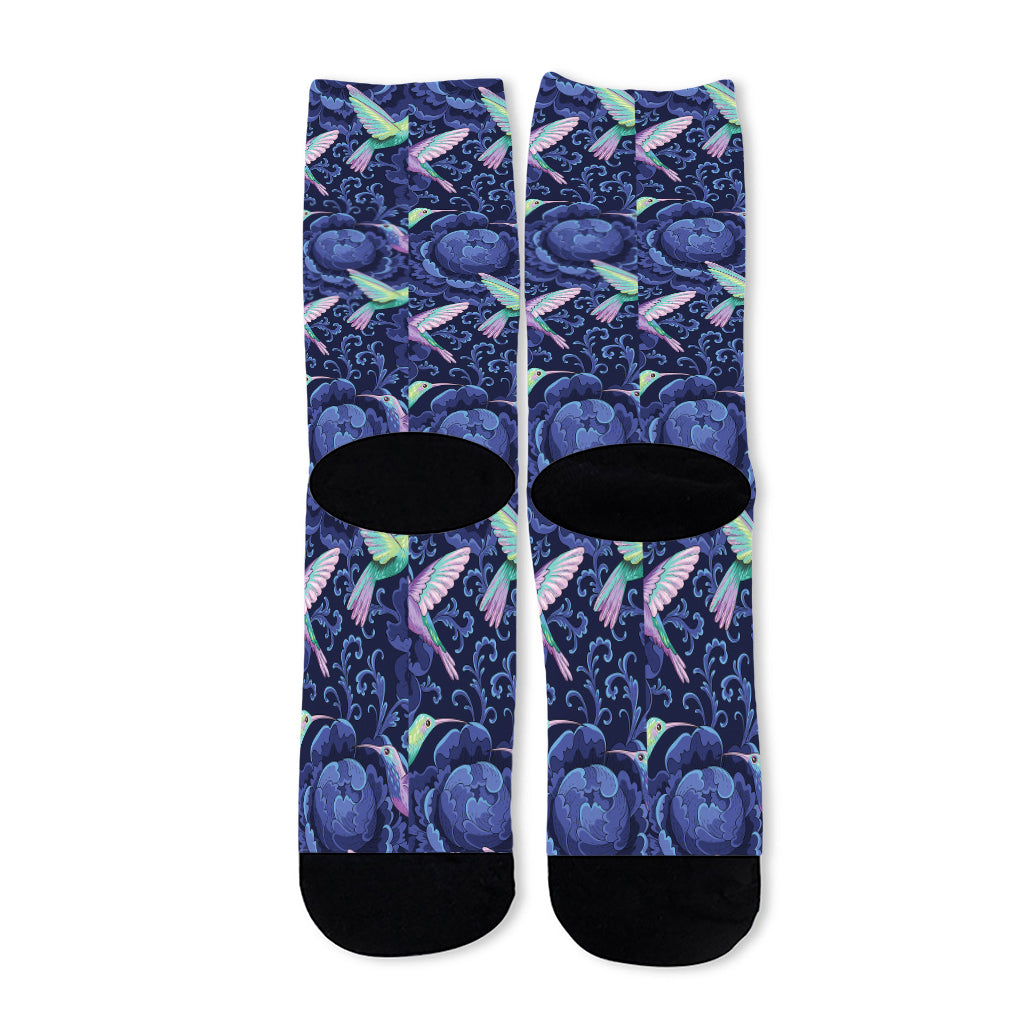 Dark Blue Floral Hummingbird Print Long Socks