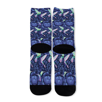Dark Blue Floral Hummingbird Print Long Socks