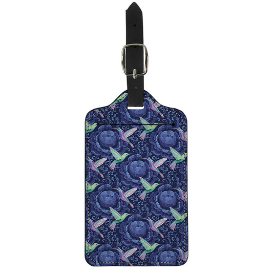 Dark Blue Floral Hummingbird Print Luggage Tag