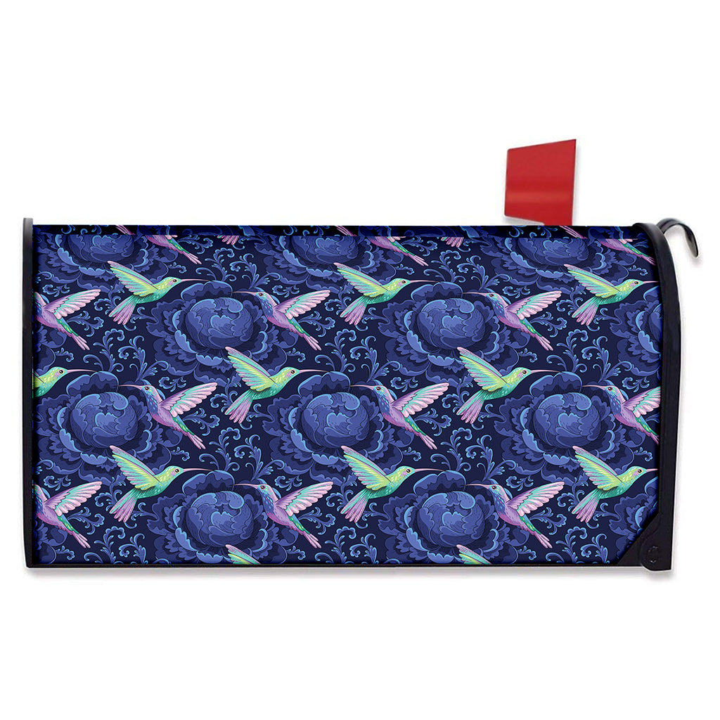 Dark Blue Floral Hummingbird Print Mailbox Cover