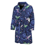 Dark Blue Floral Hummingbird Print Men's Bathrobe