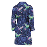 Dark Blue Floral Hummingbird Print Men's Bathrobe