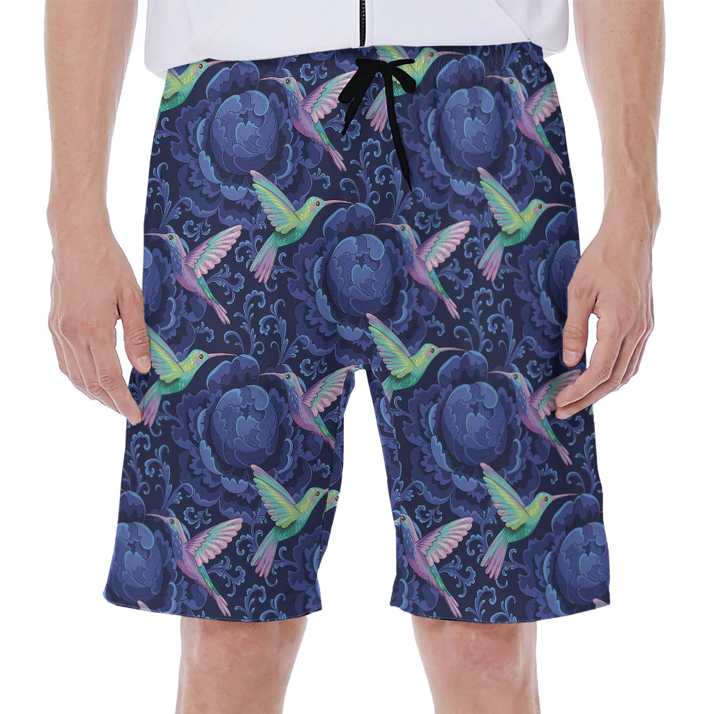 Dark Blue Floral Hummingbird Print Men's Beach Shorts