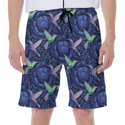 Dark Blue Floral Hummingbird Print Men's Beach Shorts