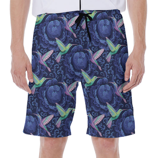 Dark Blue Floral Hummingbird Print Men's Beach Shorts