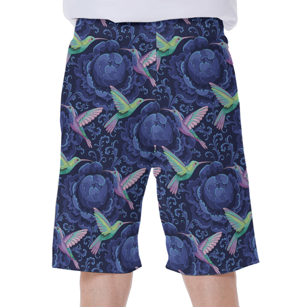 Dark Blue Floral Hummingbird Print Men's Beach Shorts