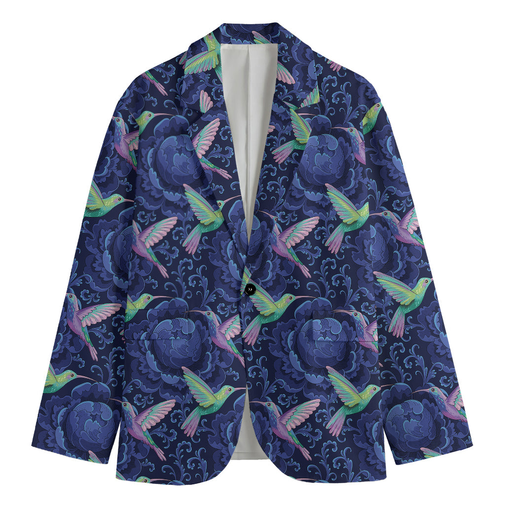 Dark Blue Floral Hummingbird Print Men's Blazer