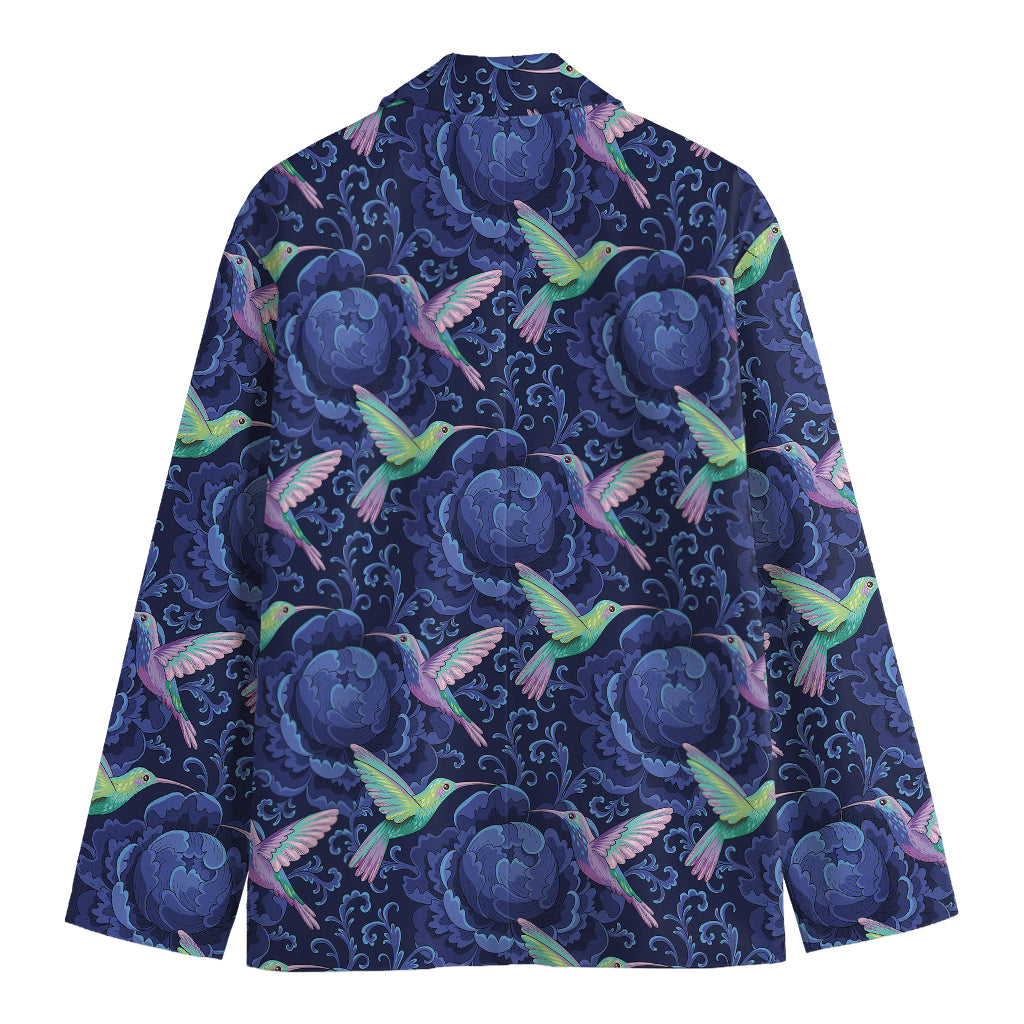 Dark Blue Floral Hummingbird Print Men's Blazer