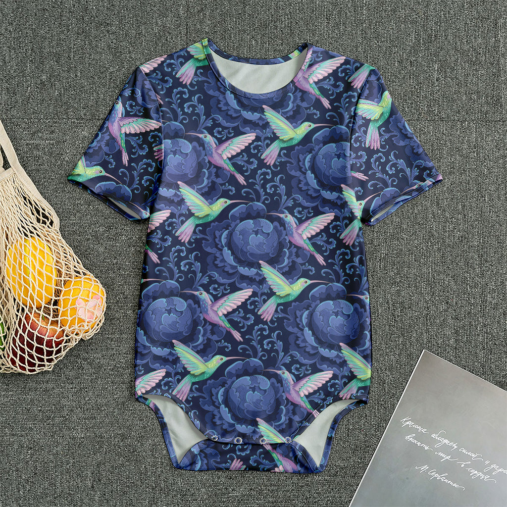Dark Blue Floral Hummingbird Print Men's Bodysuit