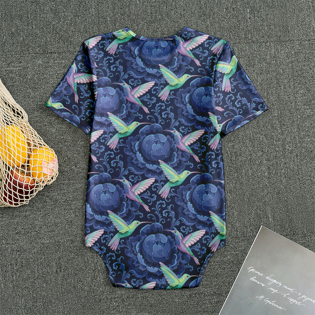 Dark Blue Floral Hummingbird Print Men's Bodysuit