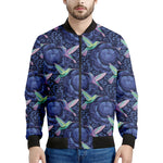 Dark Blue Floral Hummingbird Print Men's Bomber Jacket