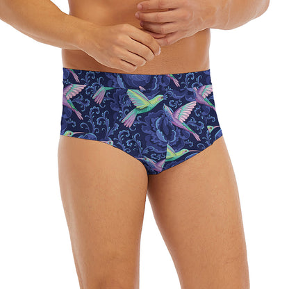 Dark Blue Floral Hummingbird Print Men's Briefs