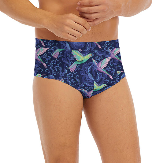 Dark Blue Floral Hummingbird Print Men's Briefs