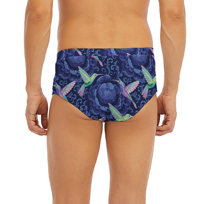Dark Blue Floral Hummingbird Print Men's Briefs