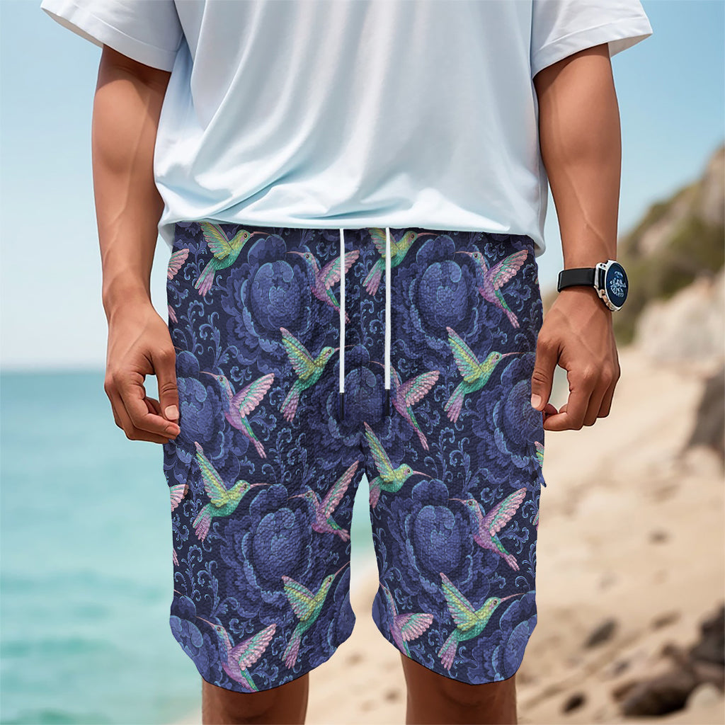 Dark Blue Floral Hummingbird Print Men's Cargo Shorts