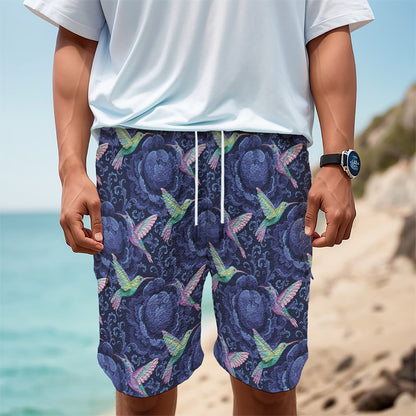Dark Blue Floral Hummingbird Print Men's Cargo Shorts