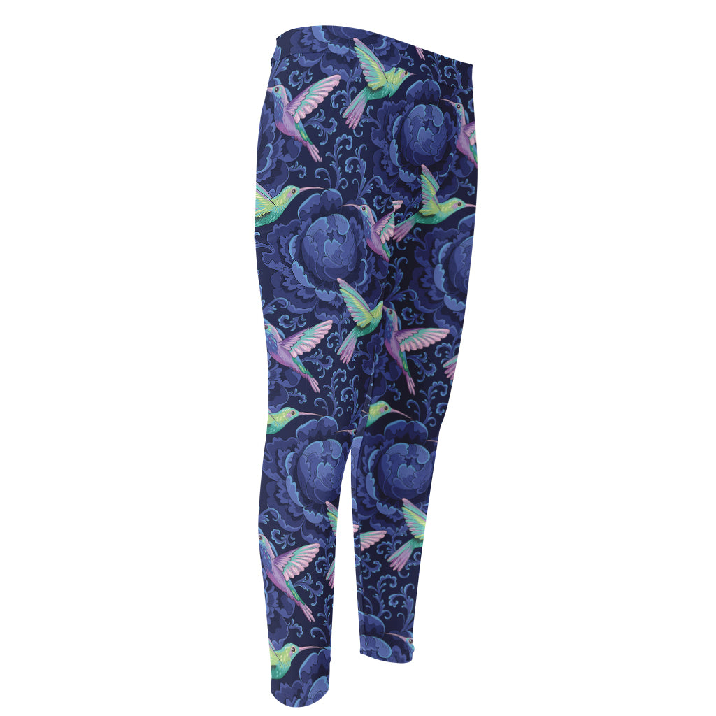 Dark Blue Floral Hummingbird Print Men's Compression Pants