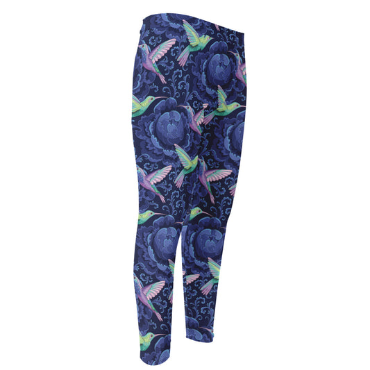 Dark Blue Floral Hummingbird Print Men's Compression Pants