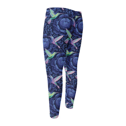 Dark Blue Floral Hummingbird Print Men's Compression Pants