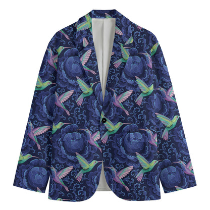 Dark Blue Floral Hummingbird Print Men's Cotton Blazer