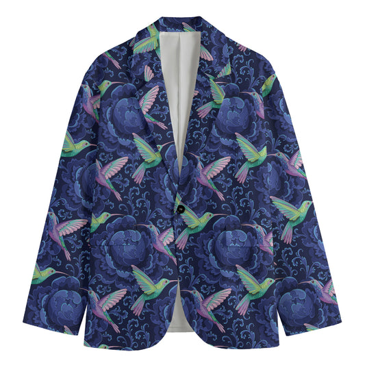 Dark Blue Floral Hummingbird Print Men's Cotton Blazer