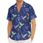 Dark Blue Floral Hummingbird Print Men's Deep V-Neck Shirt