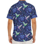 Dark Blue Floral Hummingbird Print Men's Deep V-Neck Shirt