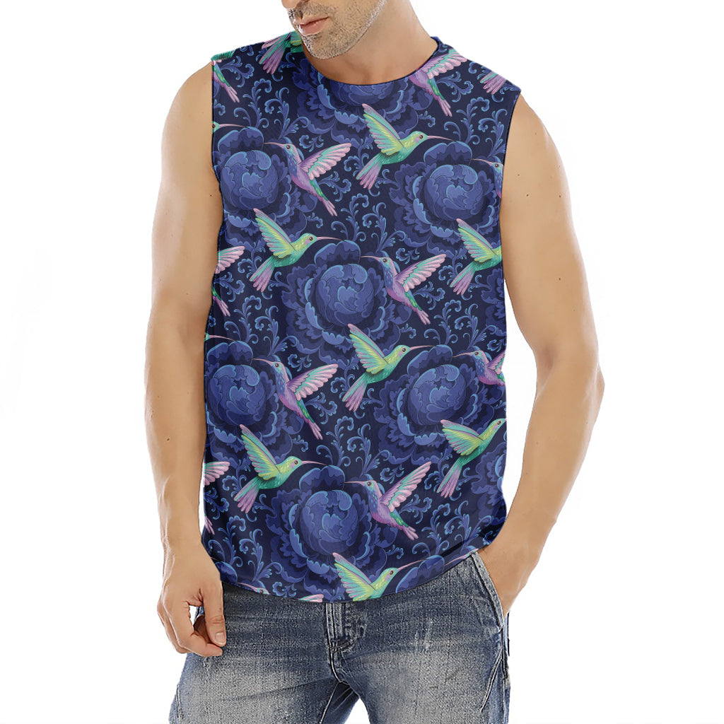 Dark Blue Floral Hummingbird Print Men's Fitness Tank Top